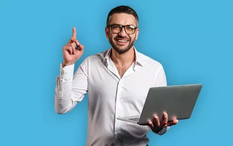 men with blue background pointing